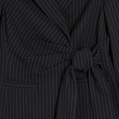 Black Stripe Tie Waist Blazer