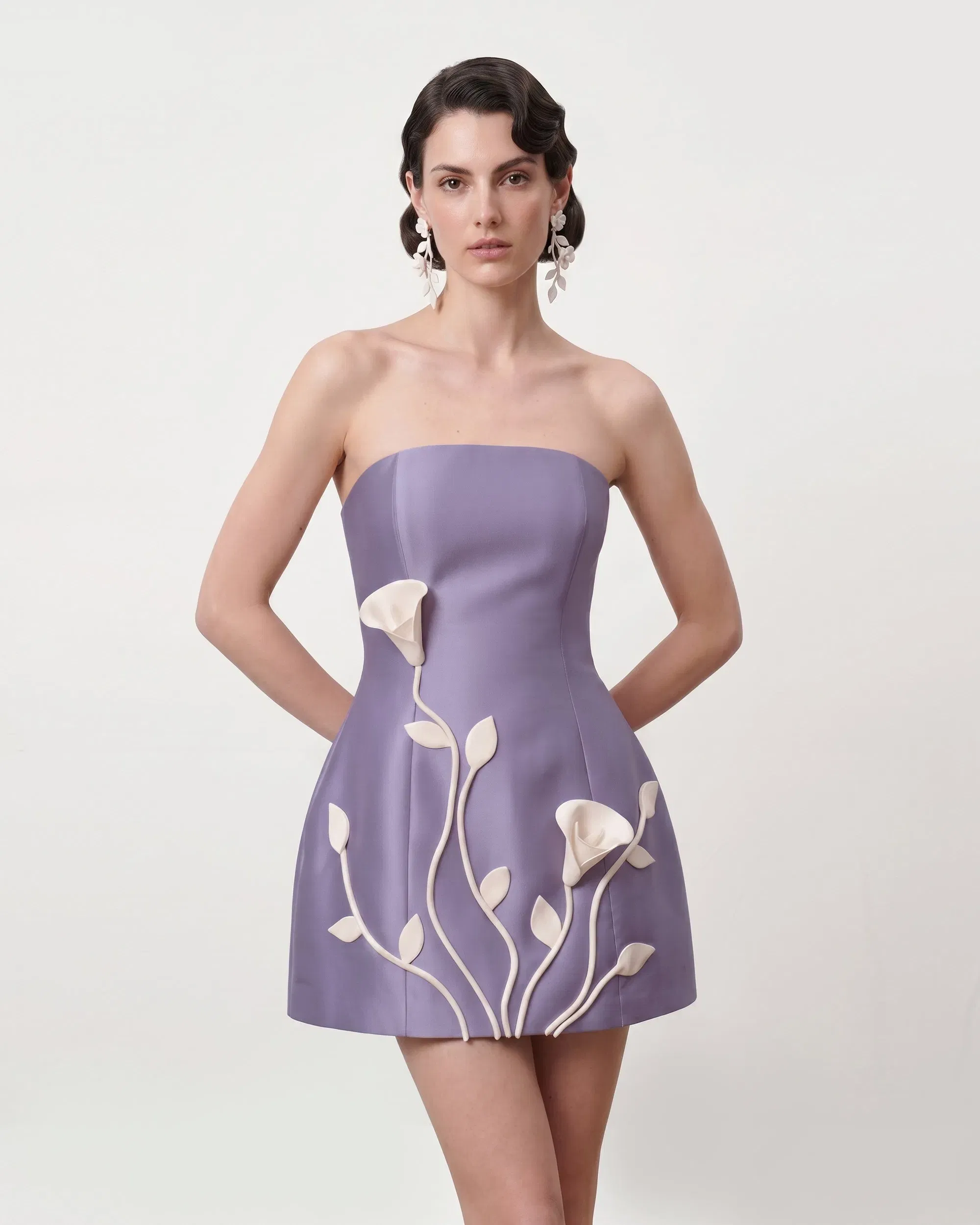 3D Vine Floral Strapless Mini Dress - Olive Green
