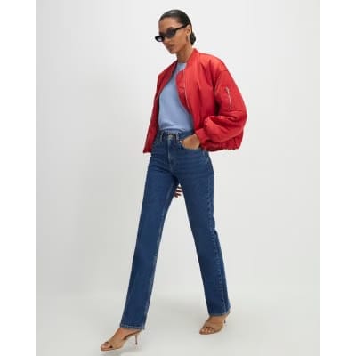 Red Oversized Ruched Hem Bomber Jacket