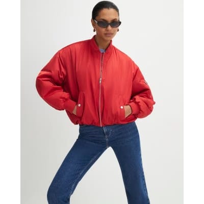 Red Oversized Ruched Hem Bomber Jacket