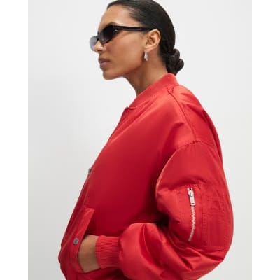 Red Oversized Ruched Hem Bomber Jacket