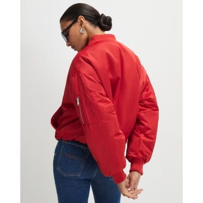 Red Oversized Ruched Hem Bomber Jacket