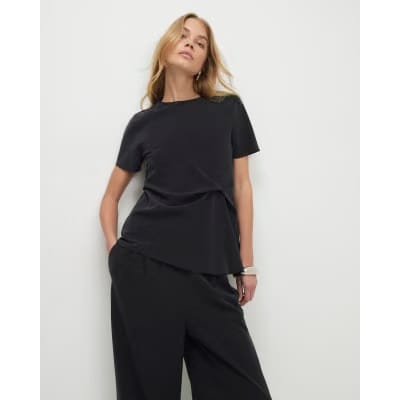 Black Short Sleeve Gathered Side Top