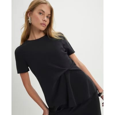 Black Short Sleeve Gathered Side Top