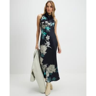 Black Floral Print Lace Trim Slip Dress