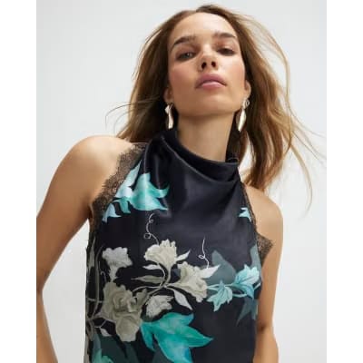 Black Floral Print Lace Trim Slip Dress