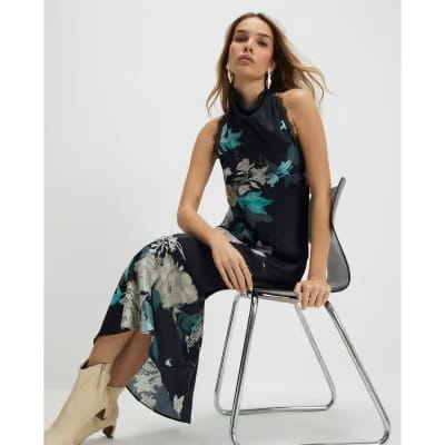 Black Floral Print Lace Trim Slip Dress