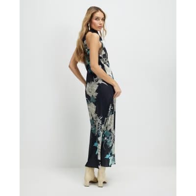 Black Floral Print Lace Trim Slip Dress