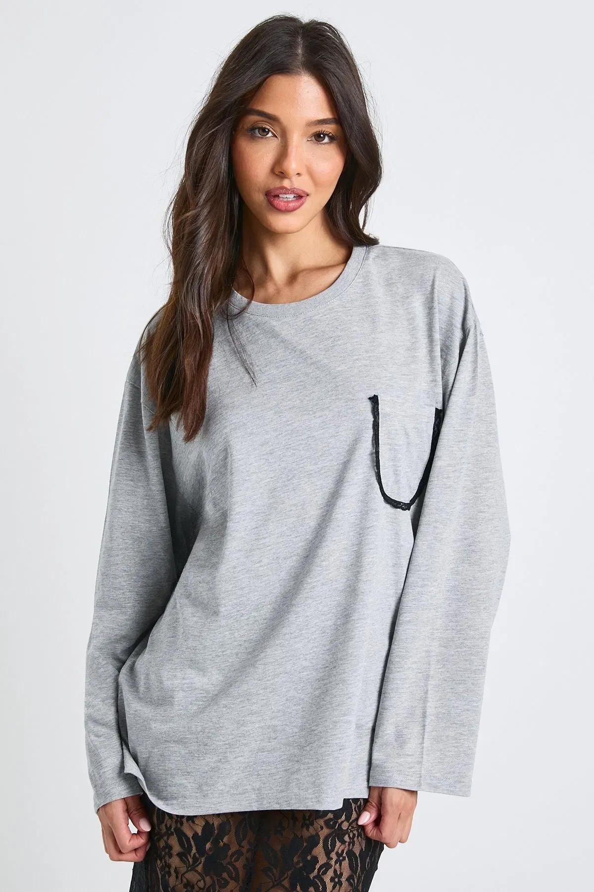 Cotton Long Sleeve Top With Lace Pocket
