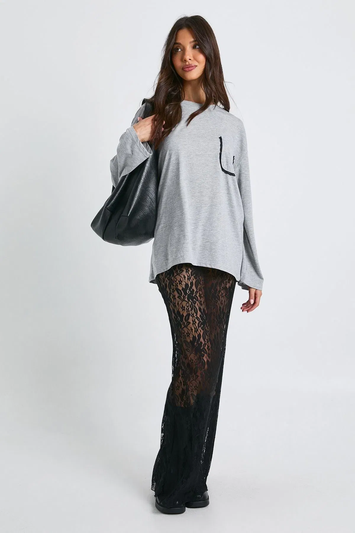 Cotton Long Sleeve Top With Lace Pocket
