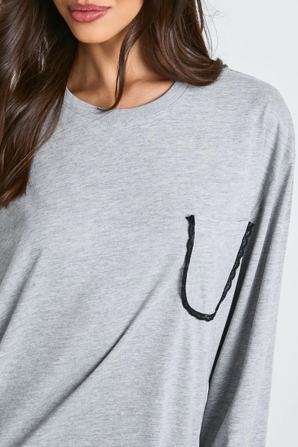 Cotton Long Sleeve Top With Lace Pocket