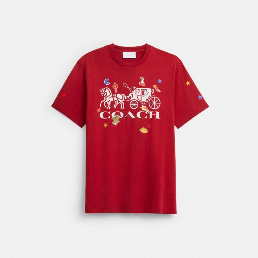 Coach Horse And Carriage Sticker T-Shirt In Organic Cotton Red