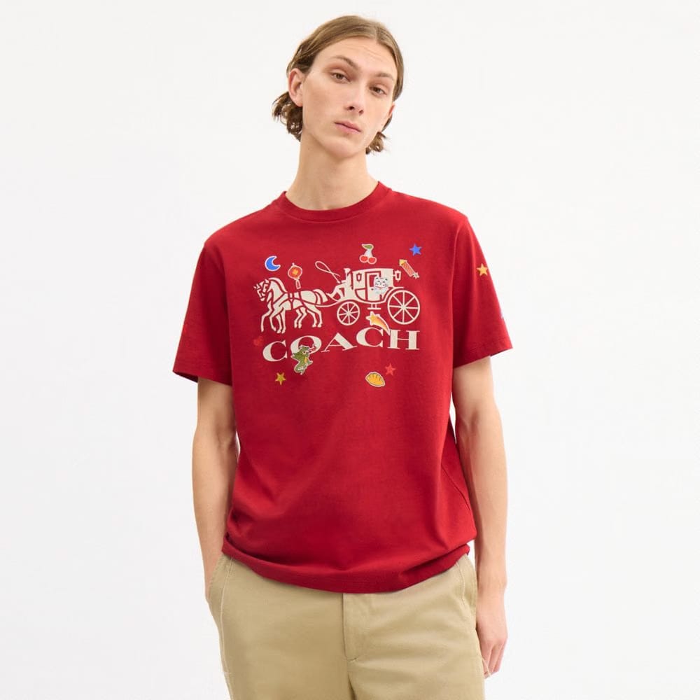 Coach Horse And Carriage Sticker T-Shirt In Organic Cotton Red