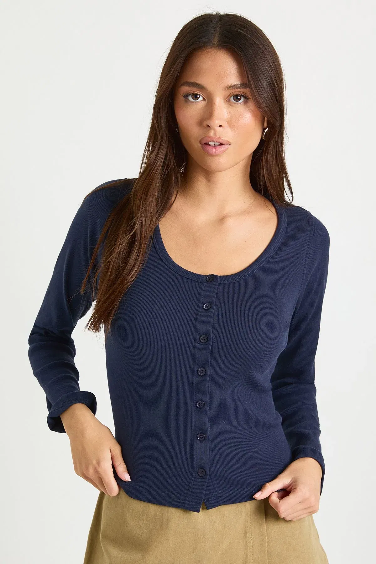 Ribbed Button Through Scoop Neck Long Sleeve Top