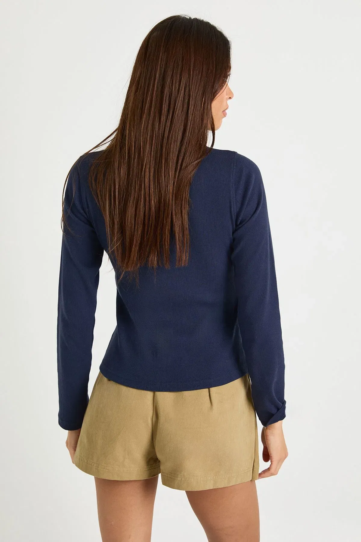 Ribbed Button Through Scoop Neck Long Sleeve Top
