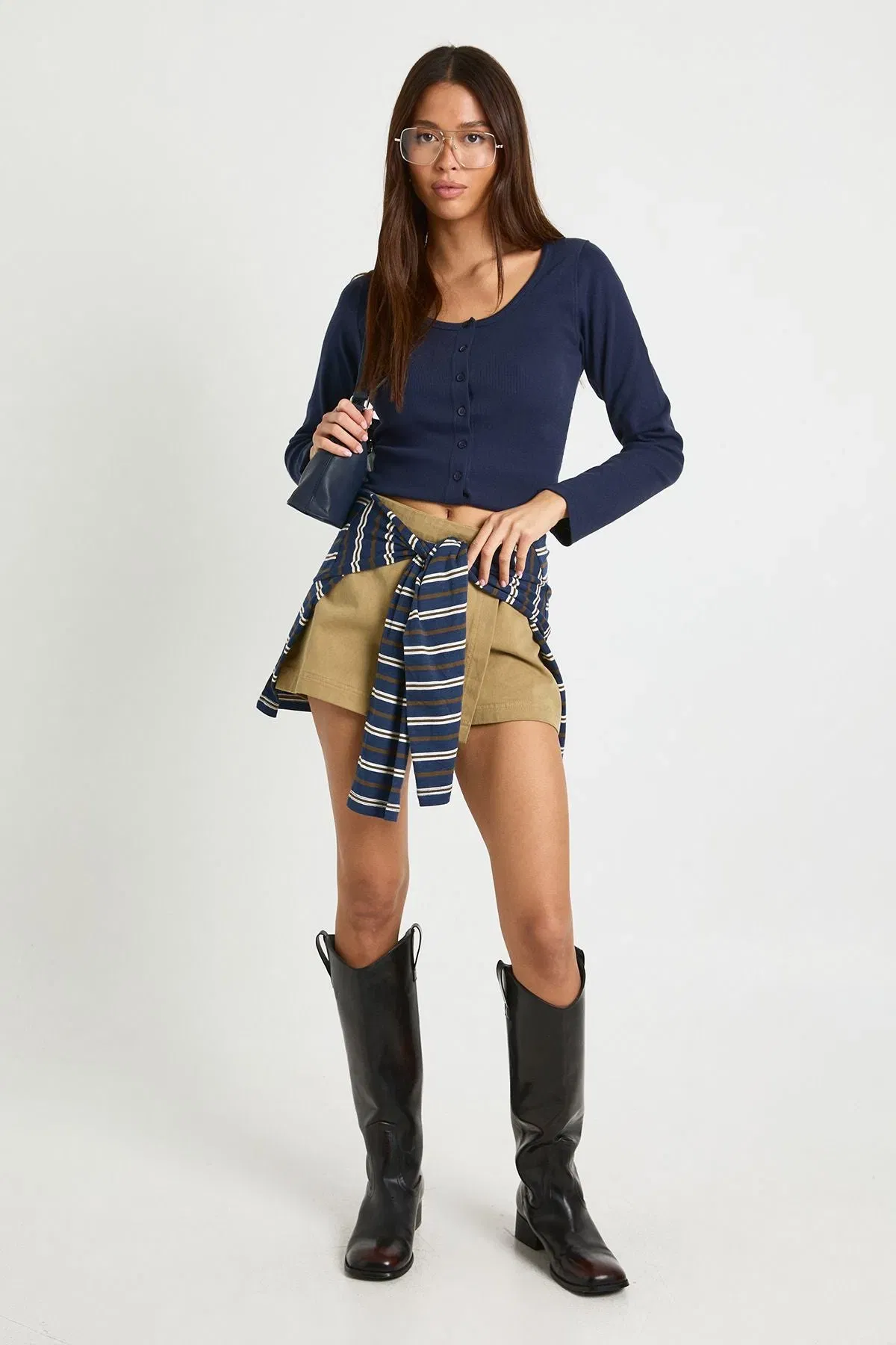 Ribbed Button Through Scoop Neck Long Sleeve Top