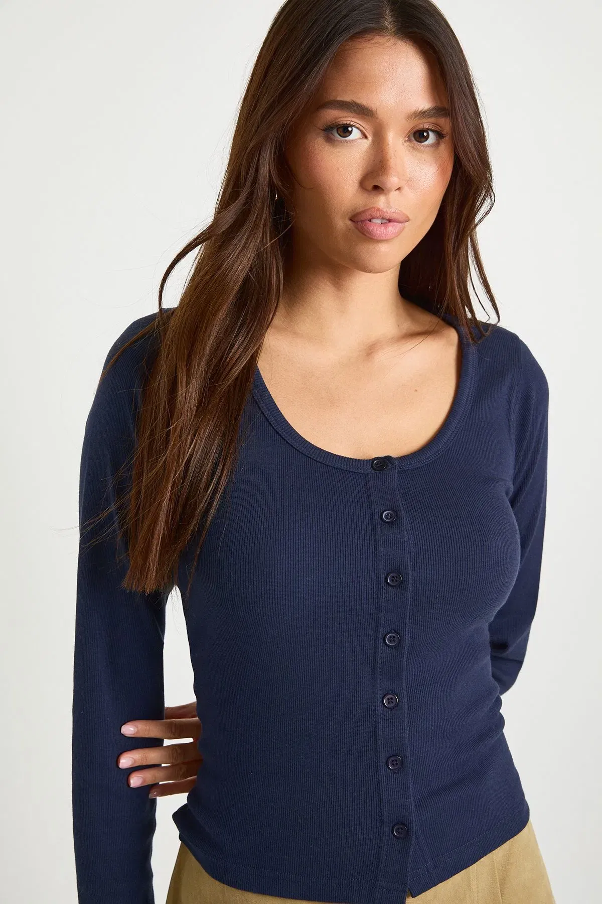 Ribbed Button Through Scoop Neck Long Sleeve Top