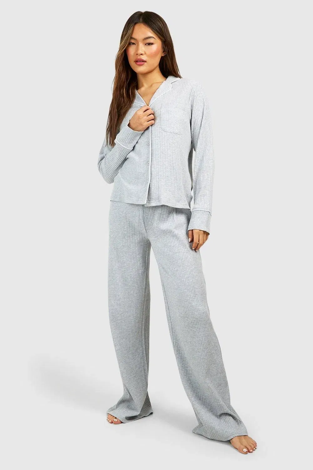 Loungewear Rib Piping Detail Long Sleeve Shirt