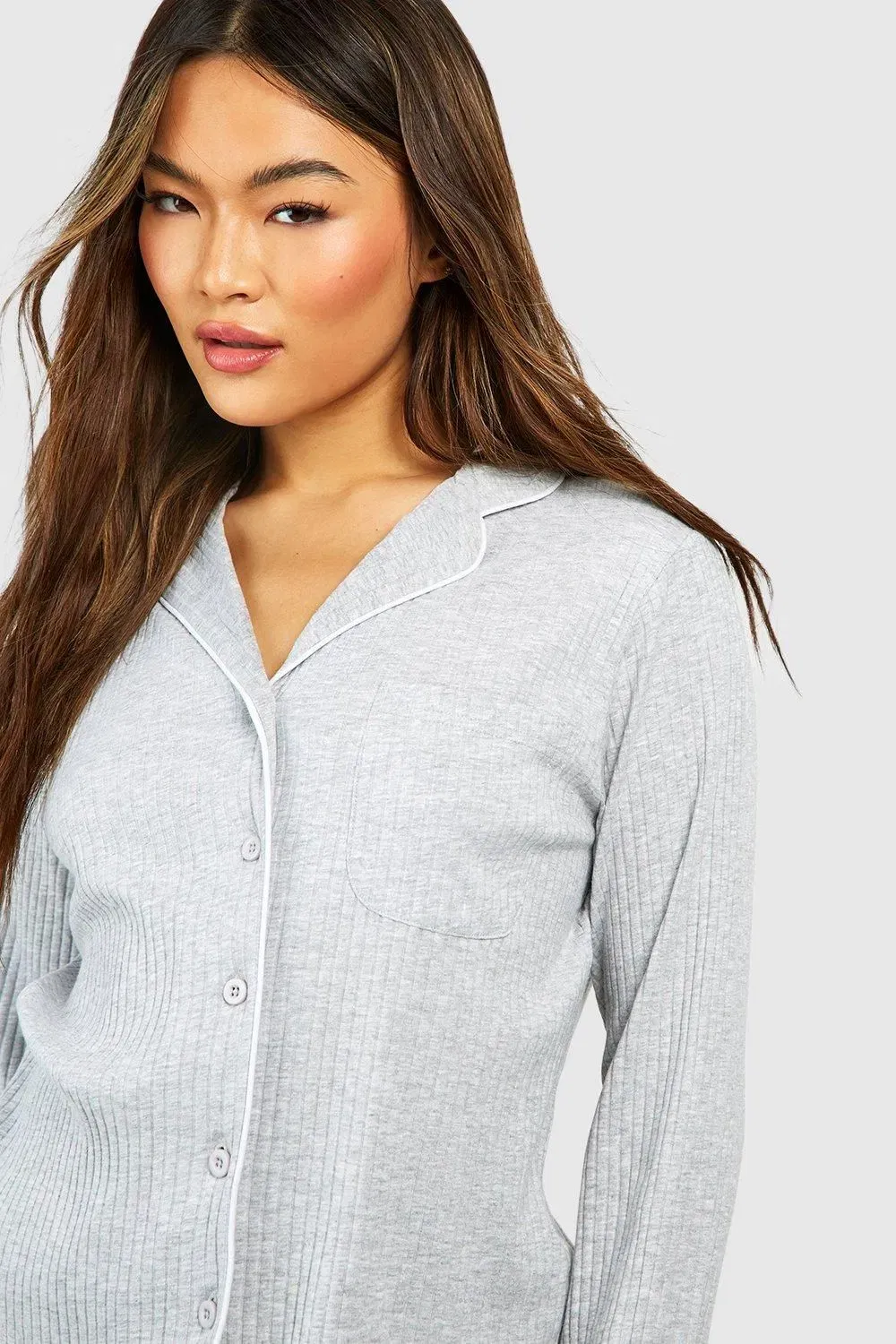 Loungewear Rib Piping Detail Long Sleeve Shirt