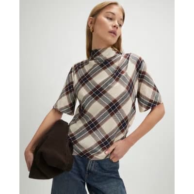 Cream Tartan Print Short Sleeve Top