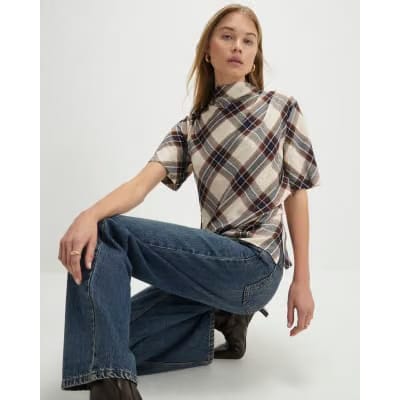 Cream Tartan Print Short Sleeve Top