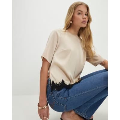 Cream Satin Short Sleeve Lace Trim Top