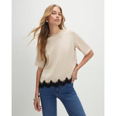 Cream Satin Short Sleeve Lace Trim Top
