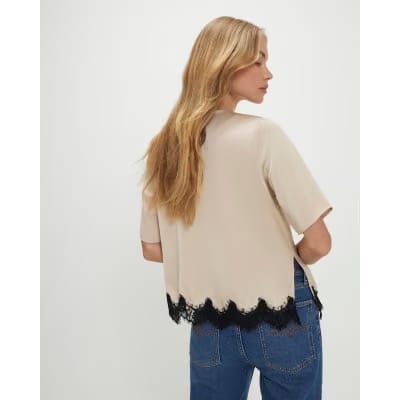 Cream Satin Short Sleeve Lace Trim Top