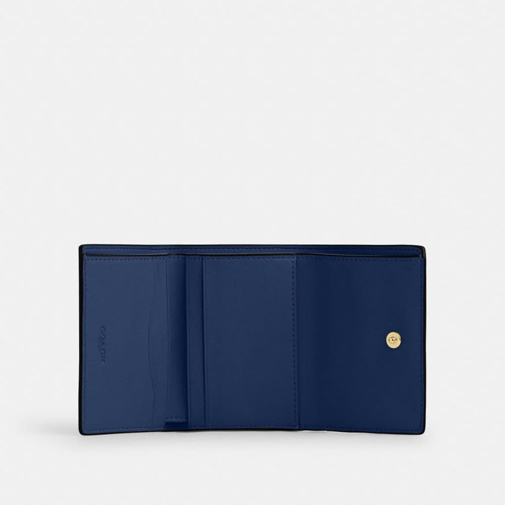 Coach Card Holder Wallet In Signature Canvas Gold Tan Deep Blue