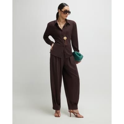 Brown Pleat Front Tapered Trousers