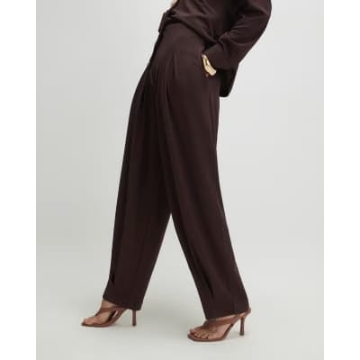 Brown Pleat Front Tapered Trousers