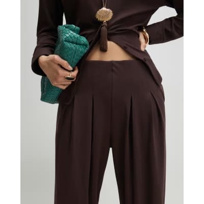 Brown Pleat Front Tapered Trousers