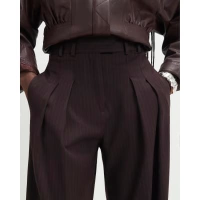 Red Pinstripe Pleated Wide Leg Trousers