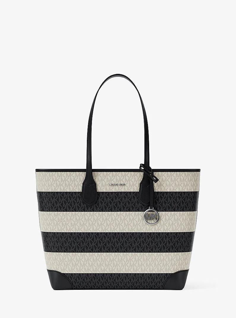 Michael Kors Eva Large Striped Signature Logo Tote Bag Black