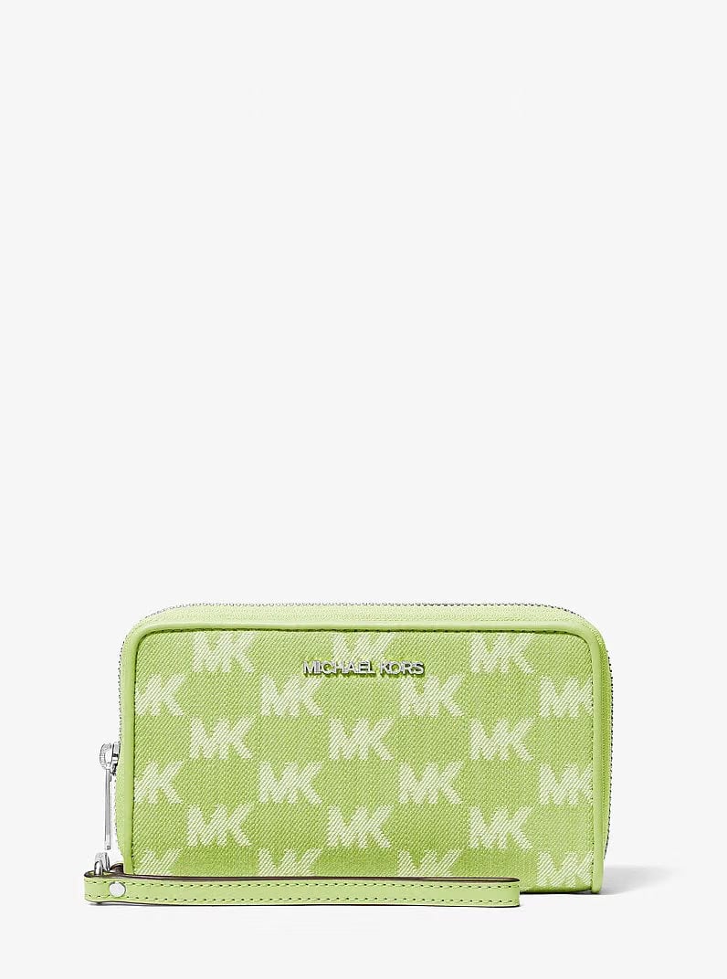 Michael Kors Jet Set Travel Large Logo Jacquard Denim Smartphone Wristlet Lime