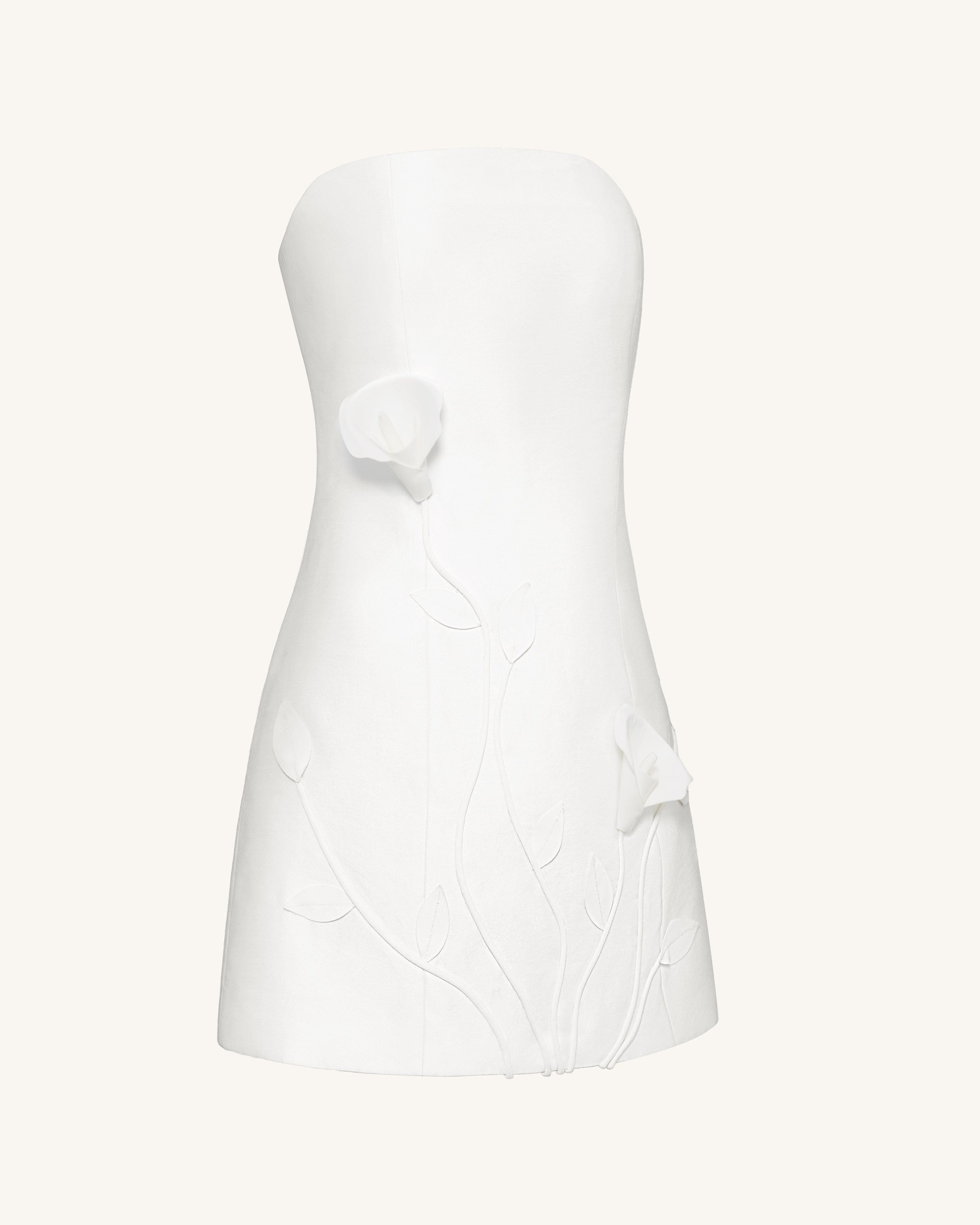 3D Vine Floral Strapless Mini Dress - White
