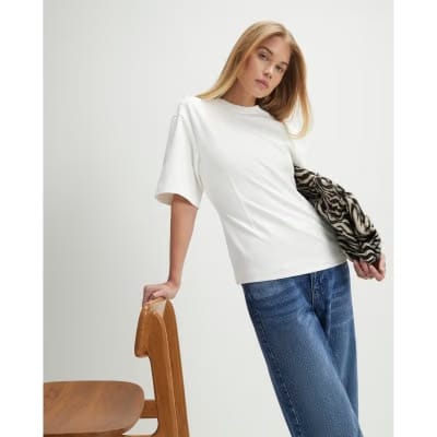 Cream Short Sleeve Tie Back Seamed Top