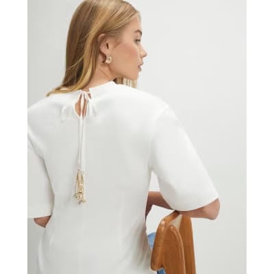 Cream Short Sleeve Tie Back Seamed Top