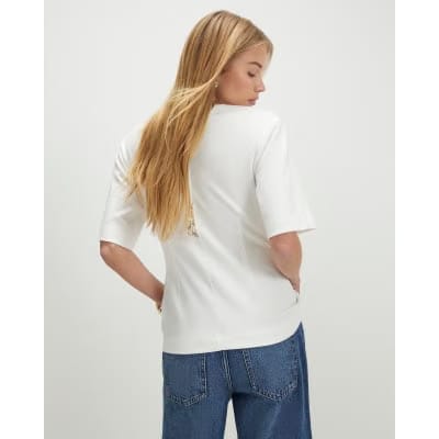 Cream Short Sleeve Tie Back Seamed Top
