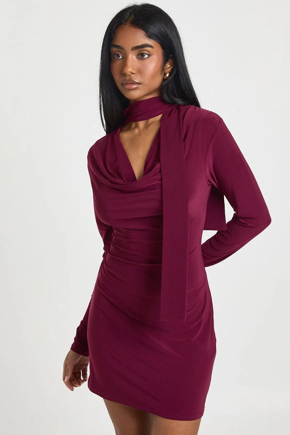 Slinky Plunge Front Scarf Detail Long Sleeve Mini Dress