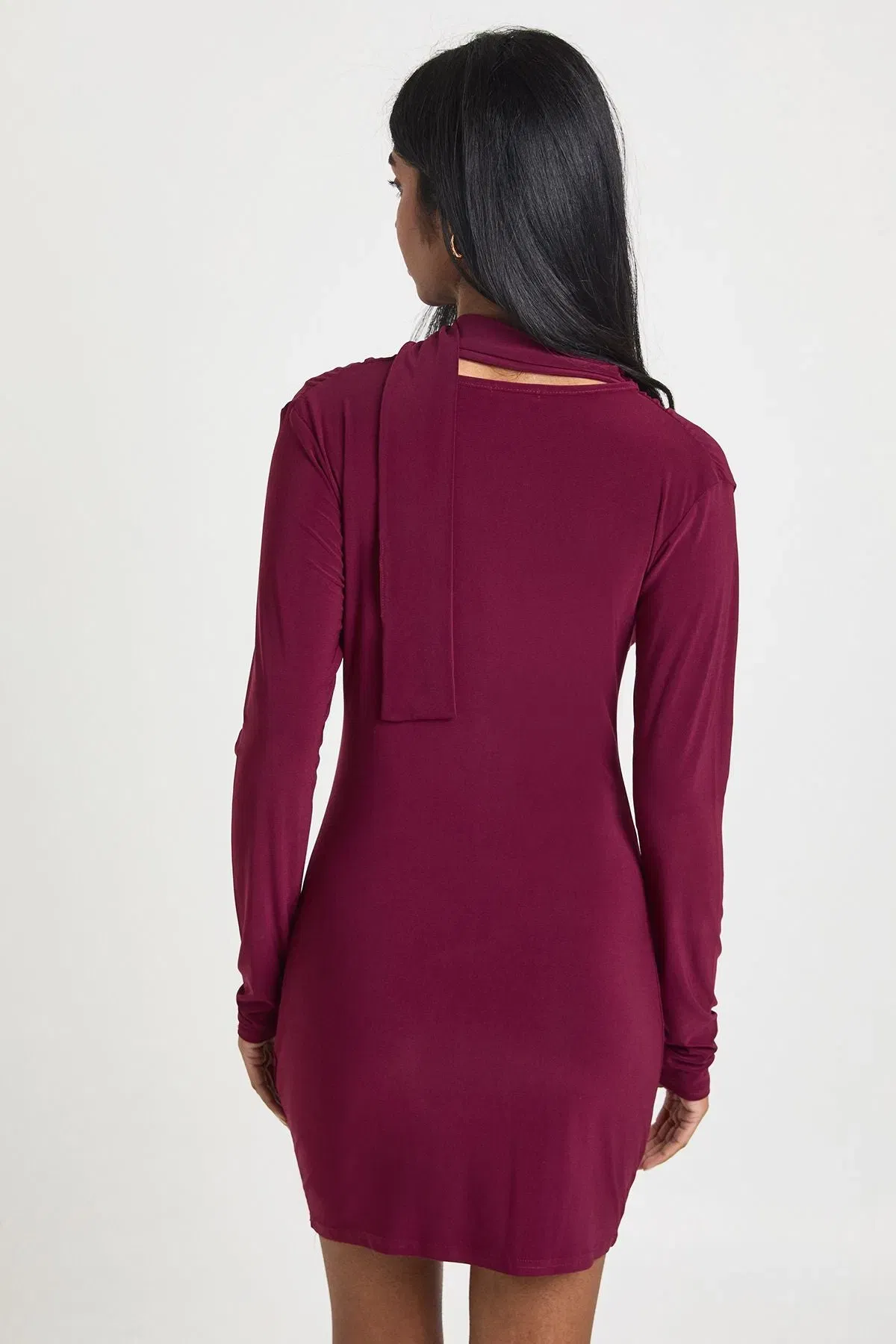 Slinky Plunge Front Scarf Detail Long Sleeve Mini Dress