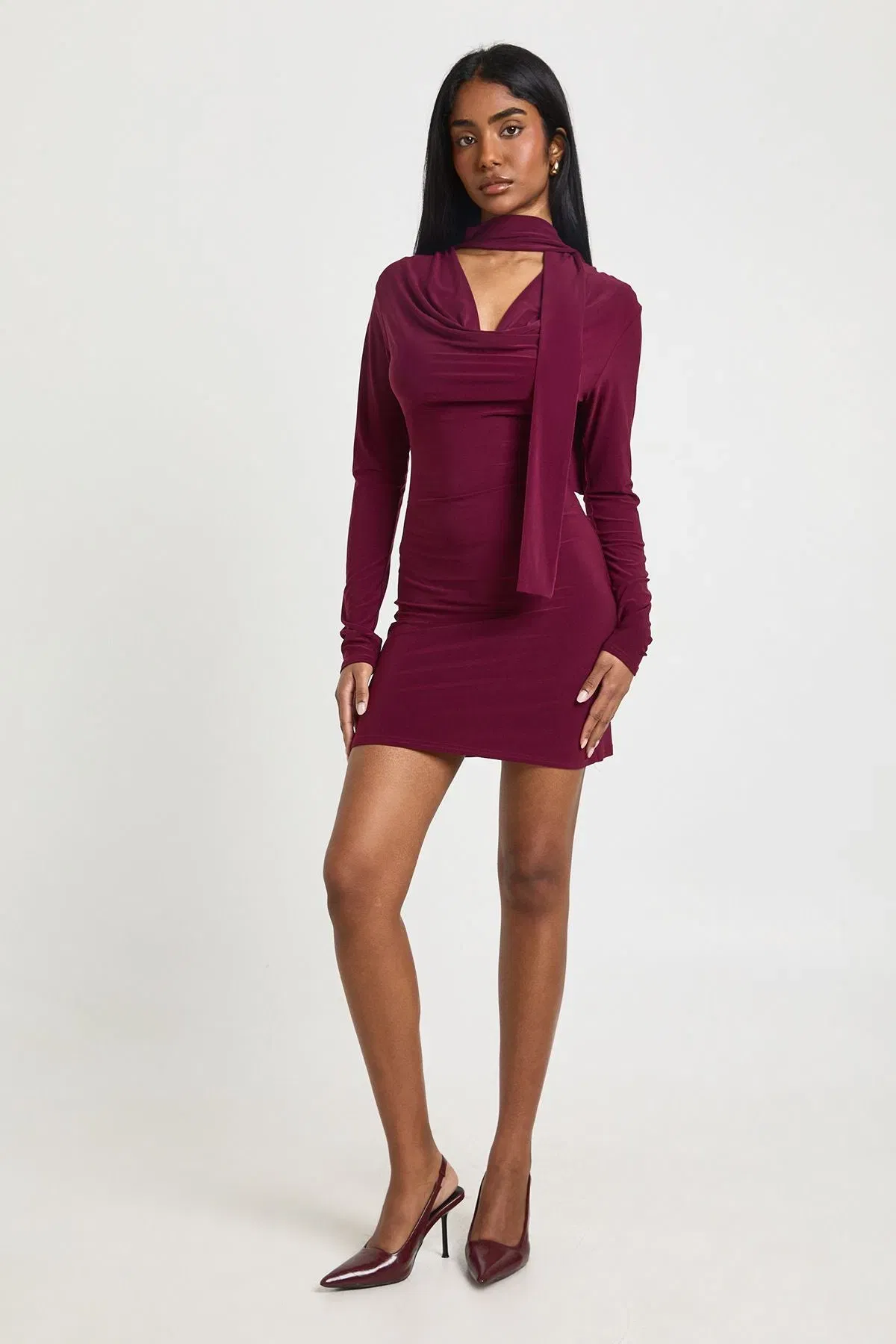 Slinky Plunge Front Scarf Detail Long Sleeve Mini Dress