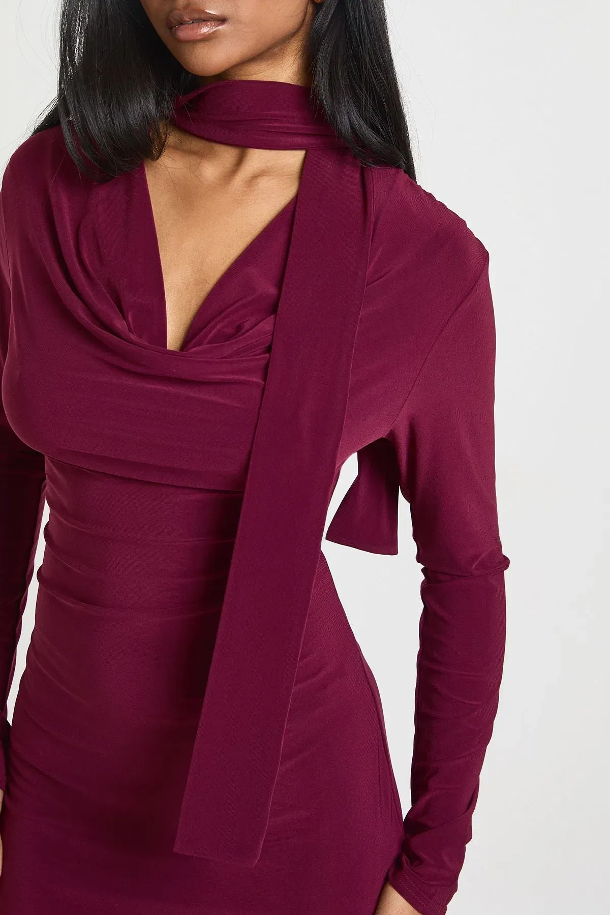 Slinky Plunge Front Scarf Detail Long Sleeve Mini Dress
