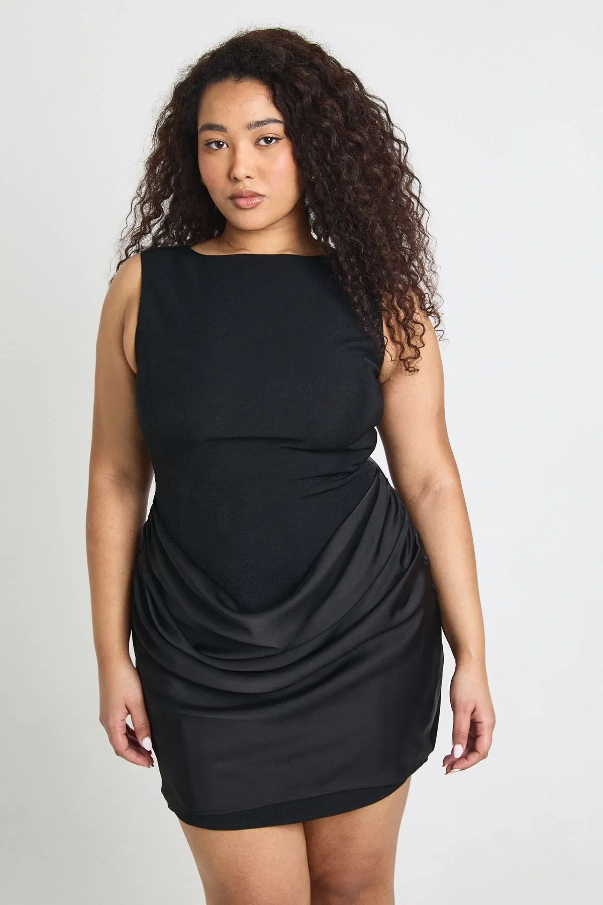 Plus Satin Drape Slash Neck Mini Dress