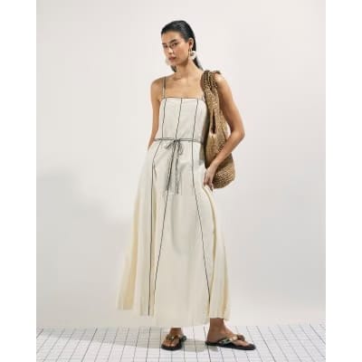 Cream Piped Belted Midi Dress