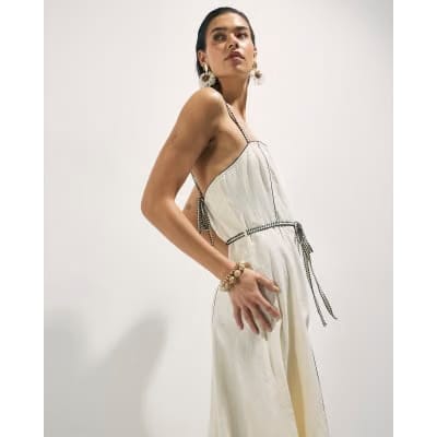 Cream Piped Belted Midi Dress