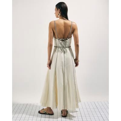 Cream Piped Belted Midi Dress