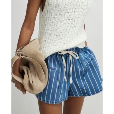 Blue Striped Denim Shorts