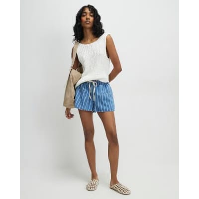 Blue Striped Denim Shorts