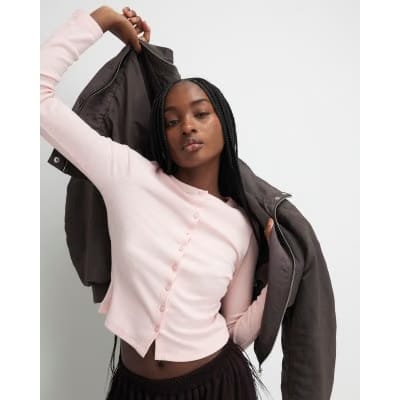 Pink Long Sleeve Ribbed Button Up Top